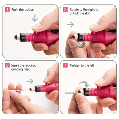 Kit eléctrico de lima y pulidor de uñas - Rosa, juego de herramientas para cuidado de uñas con USB y 4 accesorios, para manicura profesional en casa o salón, taladro para uñas