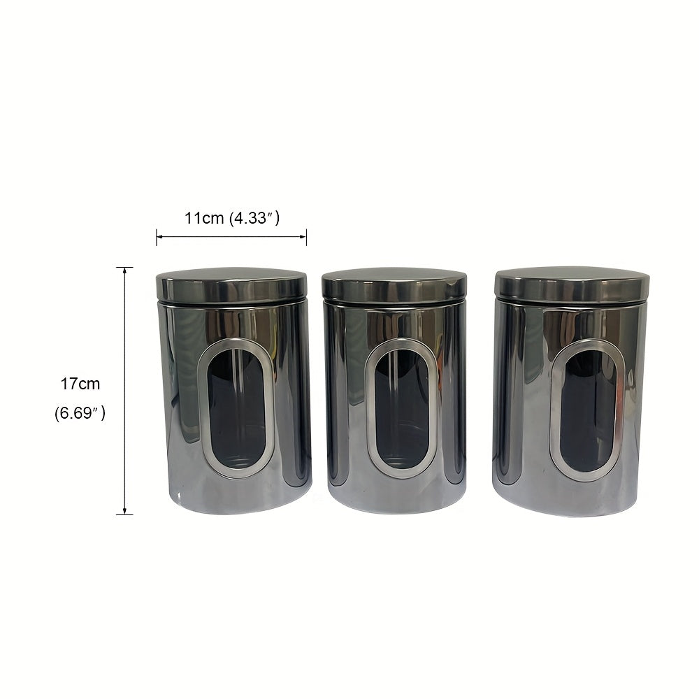Tarros de Almacenamiento para Cocina, 3 Piezas en Acero Inoxidable con Ventana Transparente - Ideales para Café, Té y Granos - Organizador Redondo Reutilizable con Tapas Abatibles | Solución de Almacenaje Moderna | Utensilios de Cocina Duraderos