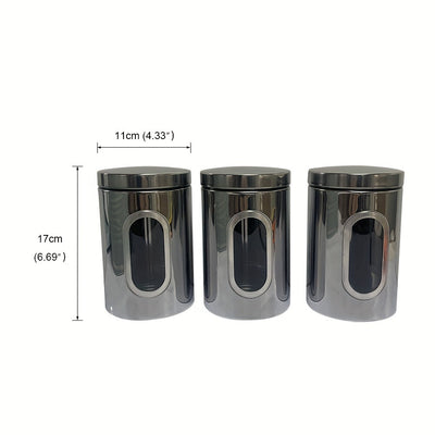 Tarros de Almacenamiento para Cocina, 3 Piezas en Acero Inoxidable con Ventana Transparente - Ideales para Café, Té y Granos - Organizador Redondo Reutilizable con Tapas Abatibles | Solución de Almacenaje Moderna | Utensilios de Cocina Duraderos