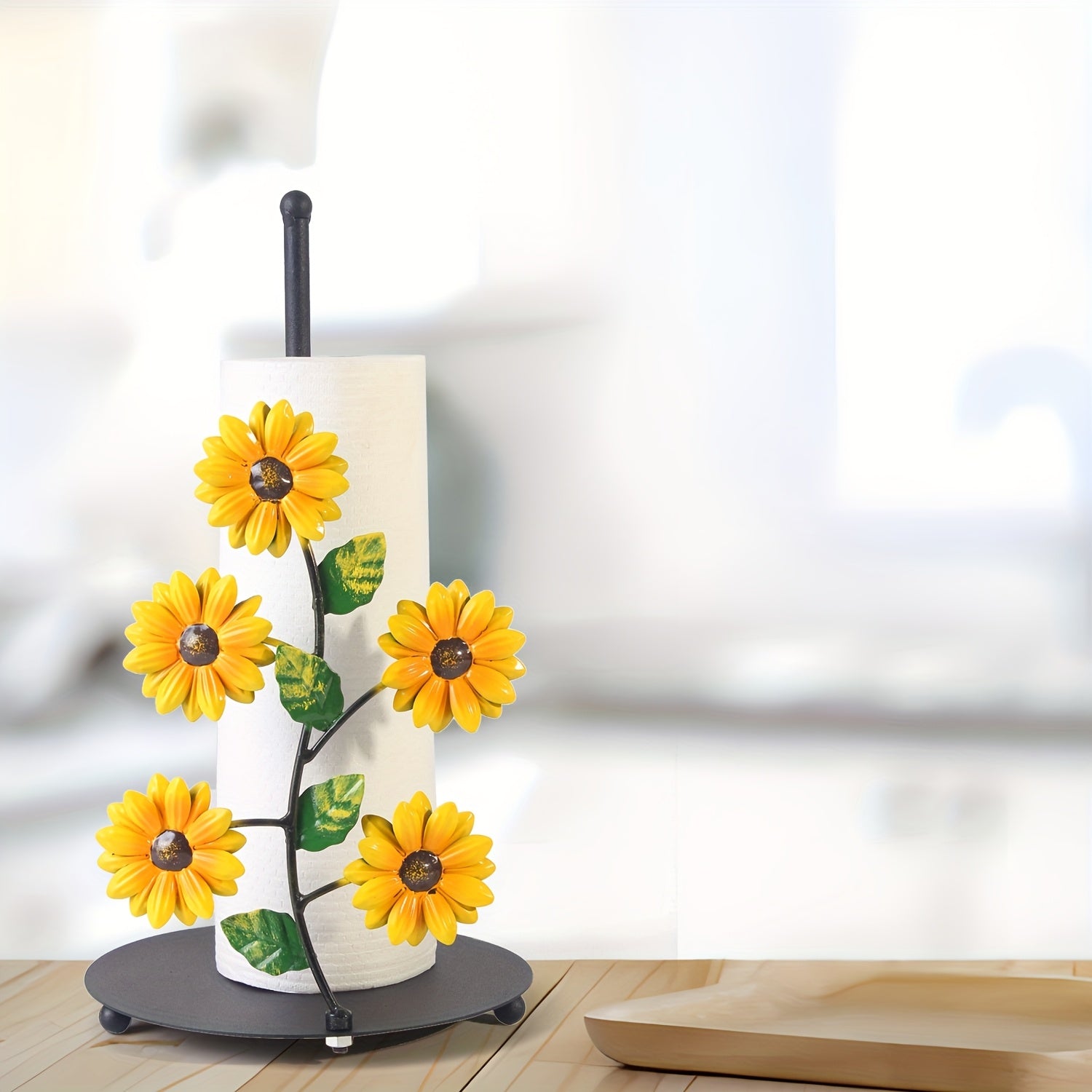 1pc Soporte para Toallas de Papel de Girasol de Hierro - Estante Decorativo de Almacenamiento para Encimera de Cocina con Detalles de Mariposas, Base Negra para Decoración de Hogar Elegante, Perchero para Toallas de Cocina