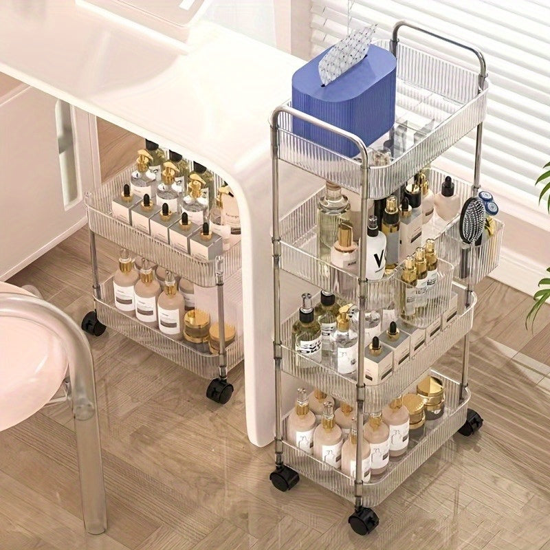 Carro de Almacenamiento Acrílico Multifuncional con Ruedas Giratorias de 360° - Apto para Todas las Estaciones, Capacidad para 10 Artículos, Organizador Transparente para Oficina, Dormitorio, Baño y Cocina | Multiusos, Estante de Pie, con Tubos Metálicos