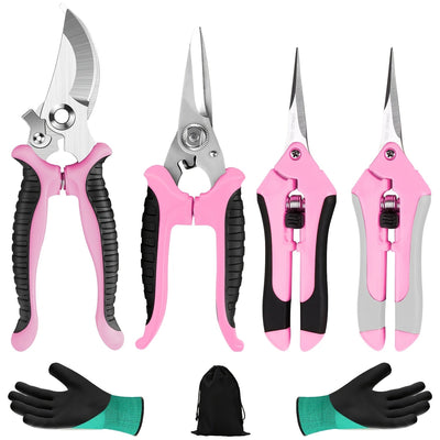 Juego de herramientas de podar manual con cuchillas de acero inoxidable, tijeras de jardinería profesionales rosadas para podar flores y jardinaje (4 piezas)