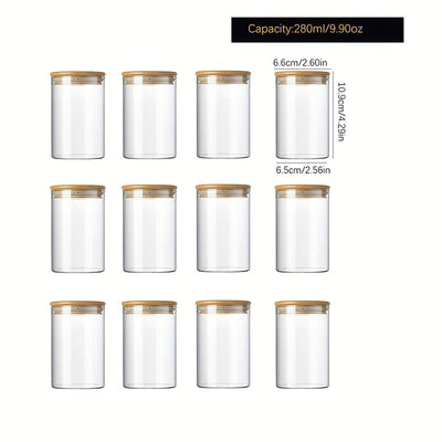 Un conjunto de doce frascos redondos transparentes con tapas de bambú, fabricados con vidrio de borosilicato de alta calidad, adecuados para almacenar granos, frijoles de café y hojas de té, con capacidades de 210 ml, 280 ml y 340 ml.