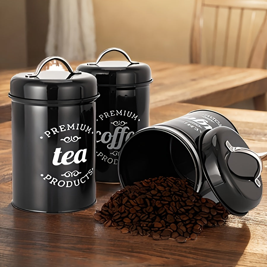 3 recipientes de almacenamiento para té, café, azúcar y cocina, color negro