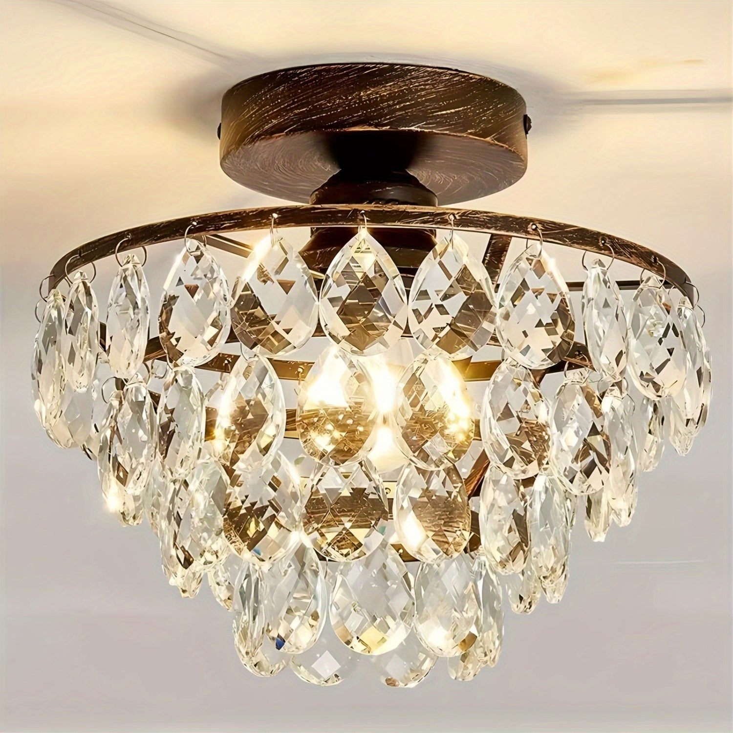 1 Moderno E26 Pequeño Cristal de Candelabro Semi Empotrado Luz de Techo, Adecuado para Luces de Techo de Granja, Pasillos, Dormitorios, Baños, Armarios, Dormitorios, Vestíbulos y Otras Luces de Techo Doradas