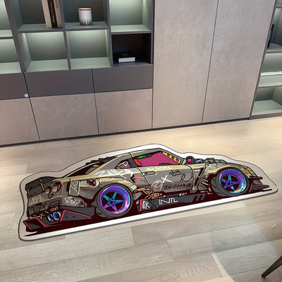 Alfombra moderna de autos deportivos con diseño graffiti, 1 unidad, respaldo de goma, gruesa, suave, antideslizante, lavable a máquina, poliéster resistente, para sala, dormitorio o entrada, decoración de interiores, diseño vibrante, tamaño grande