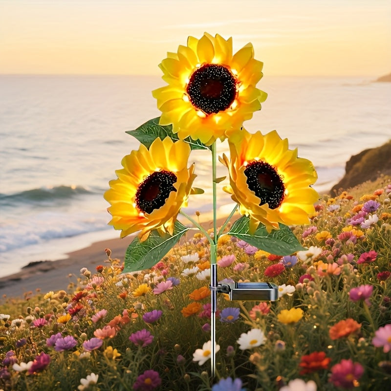1 pieza de luces solares LED para jardín de girasoles - Iluminación nocturna realista para patio, césped, hogar y decoración de porche, plástico duradero y acero inoxidable, iluminación eficiente energéticamente para exteriores con diseño de montaje semi