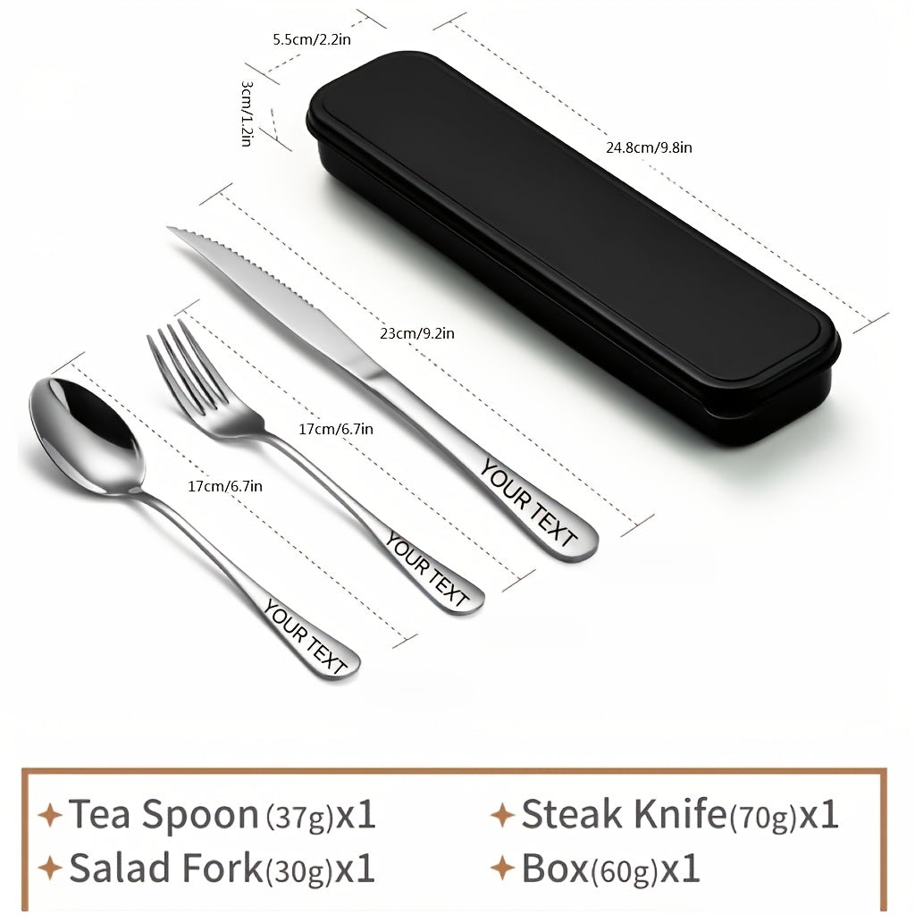 Juego de cubiertos de viaje personalizado de 4 piezas de acero inoxidable, cuchillo, tenedor, cuchara, con juego de cubiertos portátil, juego de cubiertos reutilizables de acero inoxidable, adecuado para acampar, hacer picnic, hacer senderismo, oficina,