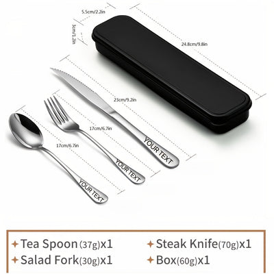 Juego de cubiertos de viaje personalizado de 4 piezas de acero inoxidable, cuchillo, tenedor, cuchara, con juego de cubiertos portátil, juego de cubiertos reutilizables de acero inoxidable, adecuado para acampar, hacer picnic, hacer senderismo, oficina,