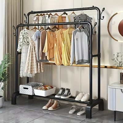 1pc Perchero clásico de doble varilla, gran capacidad de hierro y plástico, de pie con estantes para abrigos, sombreros, zapatos - Ideal para dormitorio, balcón, almacenamiento de baño - Fácil autoensamblaje, perchero autoensamblado | Elegante acabado ne