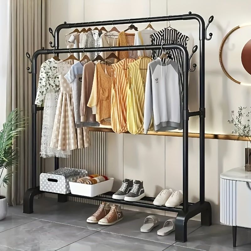 1pc Perchero clásico de doble varilla, gran capacidad de hierro y plástico, de pie con estantes para abrigos, sombreros, zapatos - Ideal para dormitorio, balcón, almacenamiento de baño - Fácil autoensamblaje, perchero autoensamblado | Elegante acabado ne