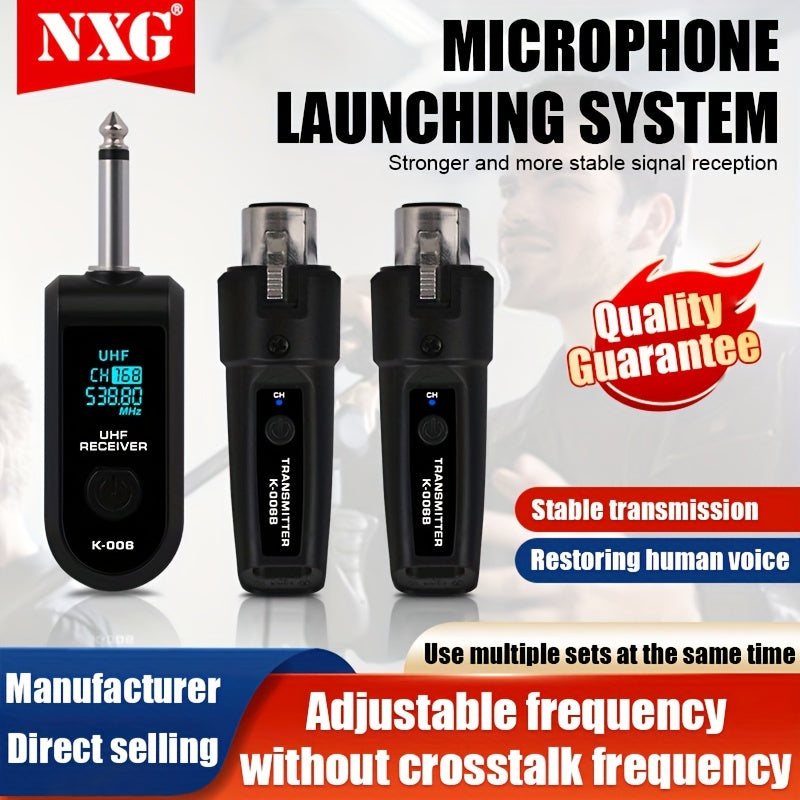 Sistema de micrófono inalámbrico NXG 2pcs/1pc - Rechargeable por USB Tipo-C, transmisor de audio de largo alcance 2.4GHz para micrófonos XLR, conector Jack de 6.35mm, sin batería, control de volumen, para cantar karaoke con transmisión UHF estable