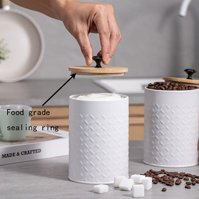 Juego de 3 contenedores metálicos herméticos, jarras de almacenamiento redondas blancas con tapas de bambú herméticas para encimeras de cocina, adecuadas para almacenar granos de café, té, bolsas de té, azúcar y granos - Reutilizables