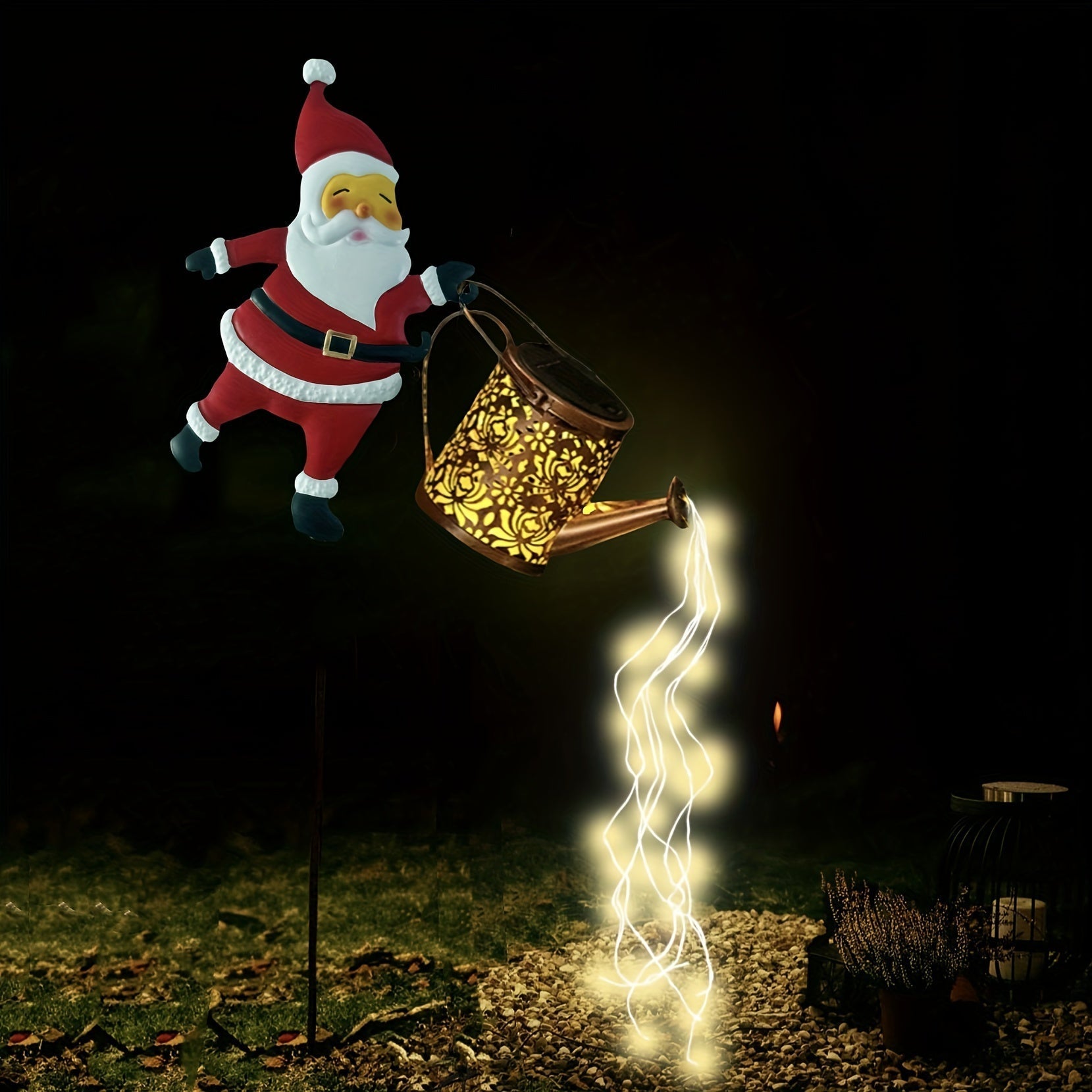 Linternas solares para jardín al aire libre, luces colgantes solares en forma de tetera, Papá Noel lleva una tetera Lámpara de riego con luz fluída de alta luminosidad, Adecuado para jardín, césped, patio, luces navideñas de decoración festiva