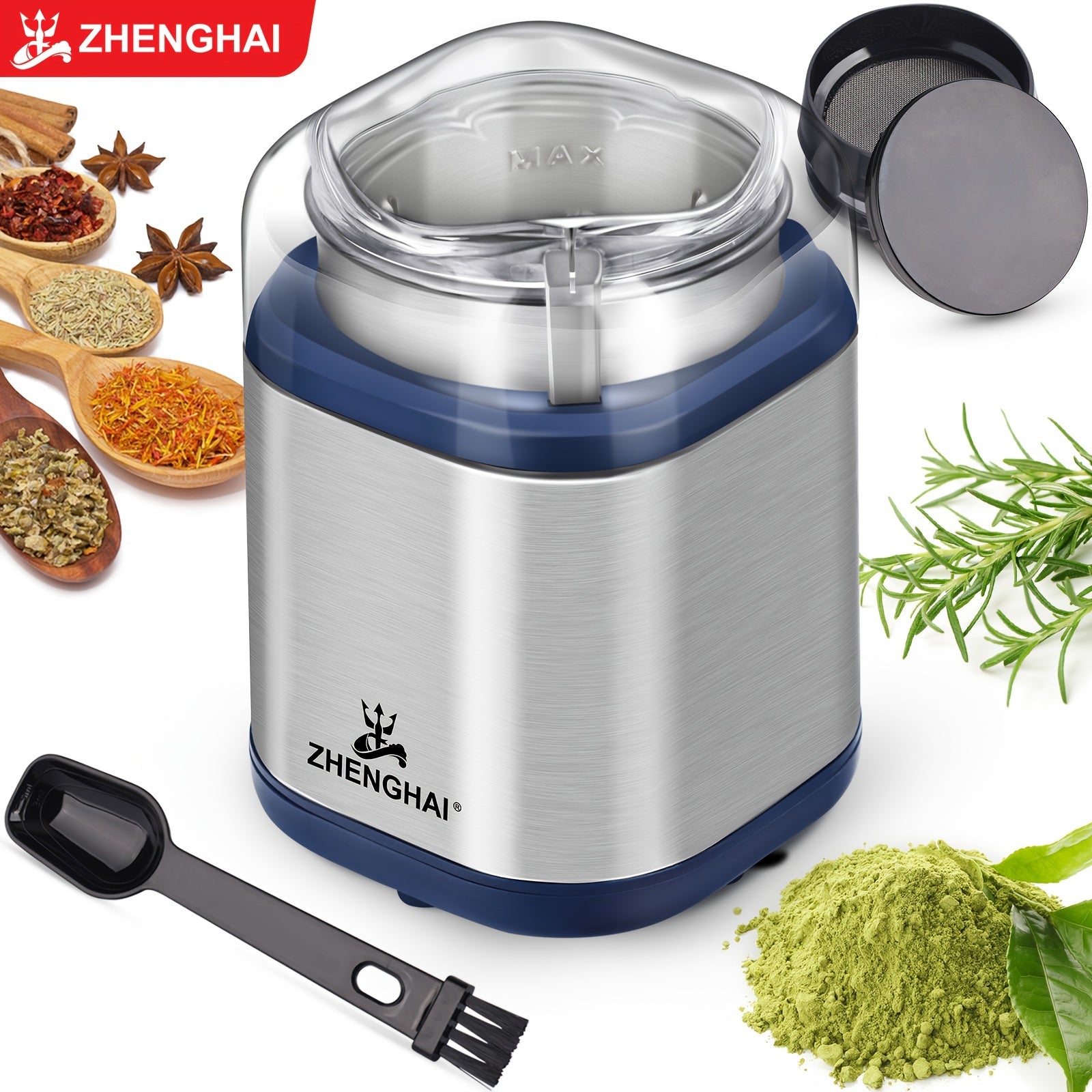 ZHENGHAI 200W Molinillo Eléctrico de Especias - Compacto, Rápido y Fácil de Moler para Granos de Café, Especias Secas, Frutos Secos. Procesador de Alimentos, Mezclador de Alimentos - Incluye Atrapa Polen y Cepillo de Limpieza!