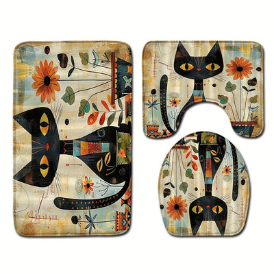 Conjunto de 1/3 piezas de Alfombrilla de Suelo de Gato Negro y Girasol, Cubierta de Inodoro, Alfombrilla Absorbente para Baño, Conjunto de Tres Piezas, Alfombrilla Antideslizante Decorativa