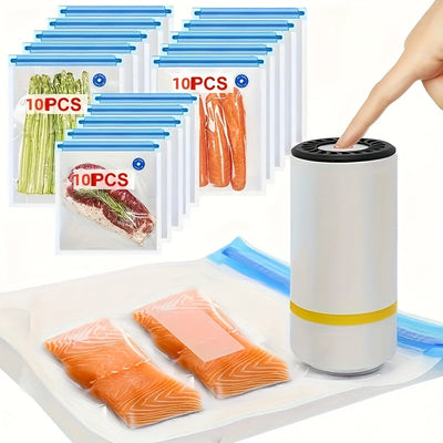 Sellador de vacío portátil para uso en el hogar, completamente automático para alimentos secos y húmedos, incluye una bolsa de comida, 1 bomba eléctrica y 3 bolsas de cierre de vacío grandes, medianas y pequeñas para almacenamiento.