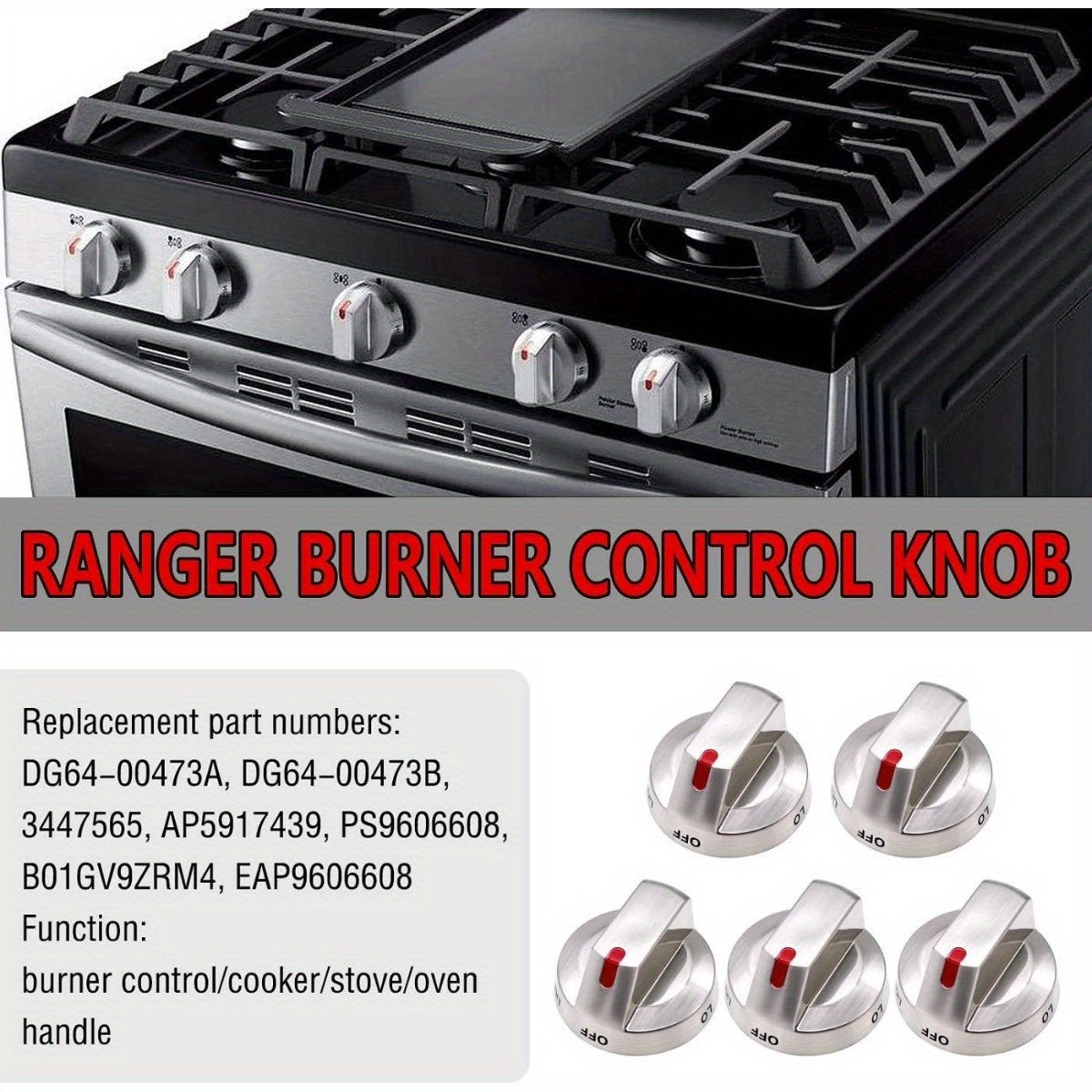 5 Pomos de Repuesto para Cocina de Gas, Acero Inoxidable, Eje en D, Piezas de Recambio para for Samsung DG64-00473B y DG64-00473A, Compatibles con NX58F5700WS, NX58H5600SS, NX58J7750SS