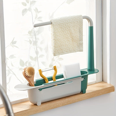 Organizador Ajustable para Fregadero de Cocina con Cesta de Drenaje – Estante de Plástico Verde y Blanco para Esponjas, Jabón, Paños y Cepillos, Diseño Ahorra-Espacio con Porta-Toallas, Perfecto para una Organización Ordenada del Fregadero, Accesorios pa