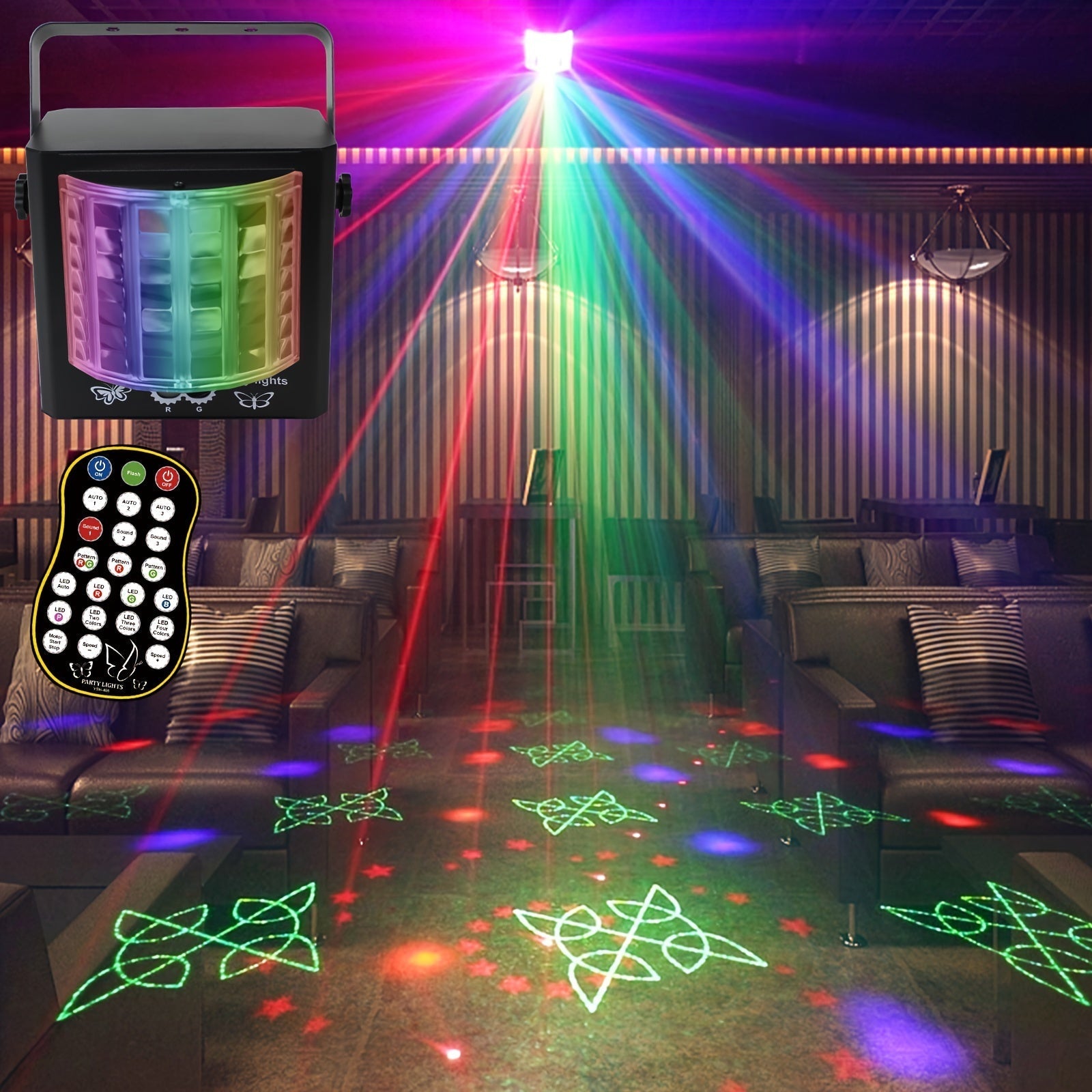 Mini Luz Láser de Fiesta con Alimentación USB YSH | Efectos LED y Láser Multicolor con Control Remoto | Cuerpo Portátil de Hierro | Activado por Voz, Batería No Recargable | Ideal para KTV, DJ, Cumpleaños, Bodas, Halloween, Acción de Gracias, Navidad y F
