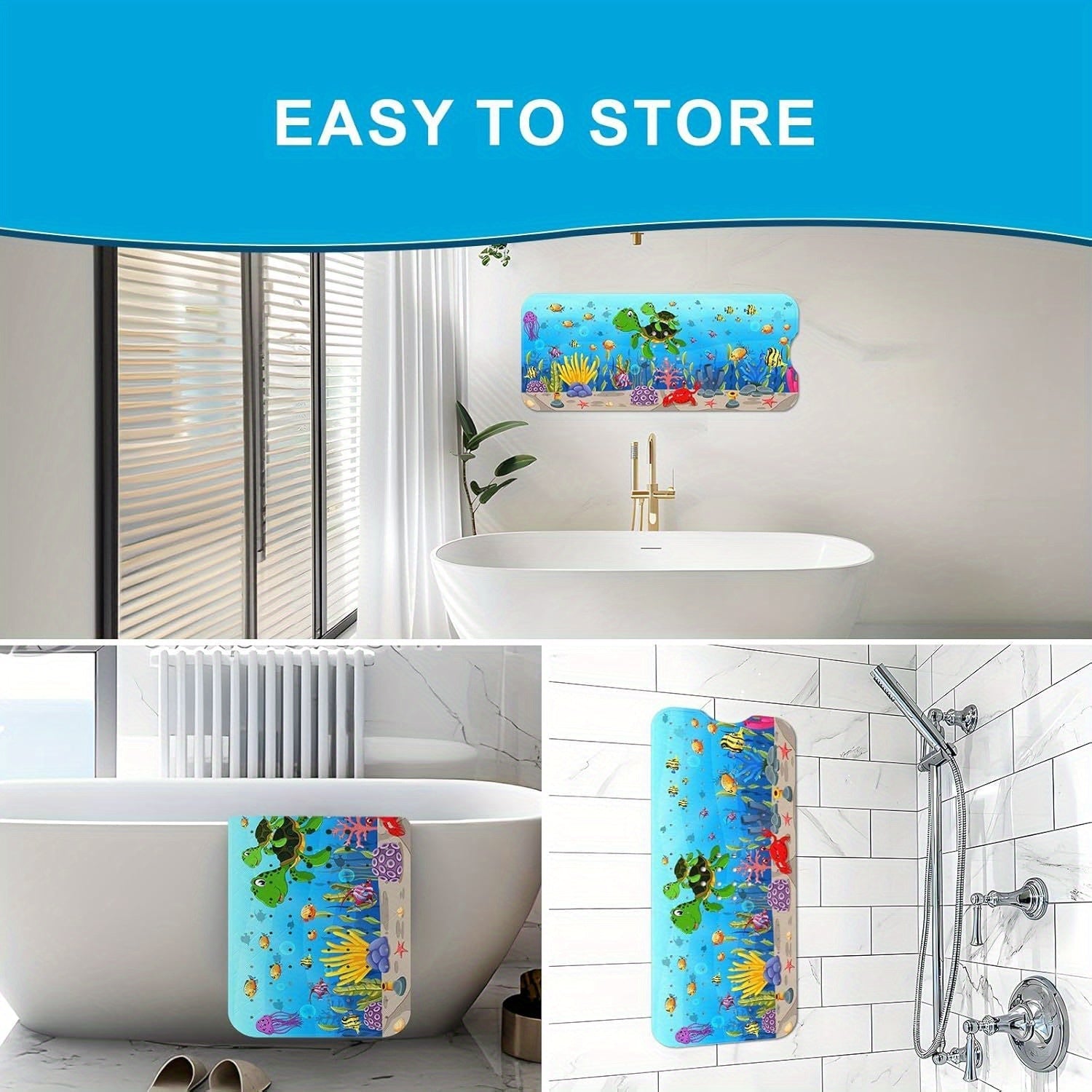 Alfombra de Baño para Tubería, 101.6 x 40.64 cm Extra Larga Antideslizante con Patrón de Tortuga Marina, Alfombrilla para Ducha y Bañera con Ventosas y Agujeros de Drenaje, Lavable a Máquina