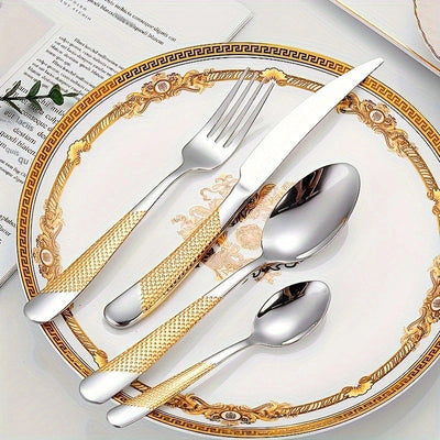 Juego de cubiertos de acero inoxidable con diseño de estrella, 24 piezas, incluye cuchillo para carne, tenedor, cuchara y cuchara de postre, ideal para hogar, cocina, hotel, restaurante, fiestas, bodas y eventos, apto para lavavajillas, disponible en var