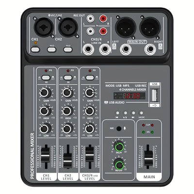 Consola de Mezcla BOMGE Profesional 4 Canales con Interfaz USB, Compatible con MP3 y Entrada de Computadora, Ideal para Estudio, Streaming en Vivo, Grabación y Podcasting