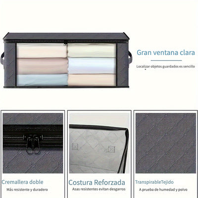 Una bolsa de almacenamiento de ventana plegable de PVC, con 3 capas de tejido no tejido, una caja de almacenamiento transparente para ropa y mantas, en gris, con un diseño minimalista y cierre con cremallera, adecuada para el transporte diario y el movim