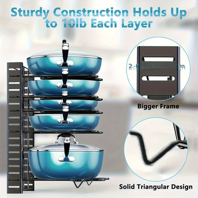 Organizador de Ollas y Sartenes de 8 Niveles - Resistente al Óxido, Antideslizante para Cocina - Diseño Ahorrador de Espacio con Soporte en el Piso para Hogar y Restaurante | Estante Metálico Duradero | Organizador Moderno para Utensilios