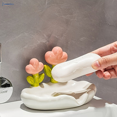 Porta jabón ovalado de plástico con diseño floral, soporte autoescorriente para todas las estaciones, accesorio lindo para baño y cocina