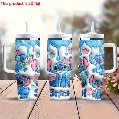 Botella de agua de acero inoxidable Stitch de 40 onzas con pajita y asa - Taza de viaje aislada, de alta calidad, reutilizable, solo lavable a mano, perfecta para fanáticos y regalos.