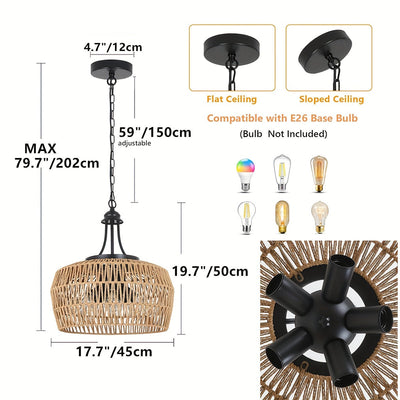 Lámpara de Techo Boho de Granja de 3 Luces con Pantalla de Ratán Tejido – Aplique de Lámpara Costera para Comedor, Cocina, Dormitorio, Pasillo de Isla – Base E26, Acabado Metálico, Lámparas de Techo para Comedor