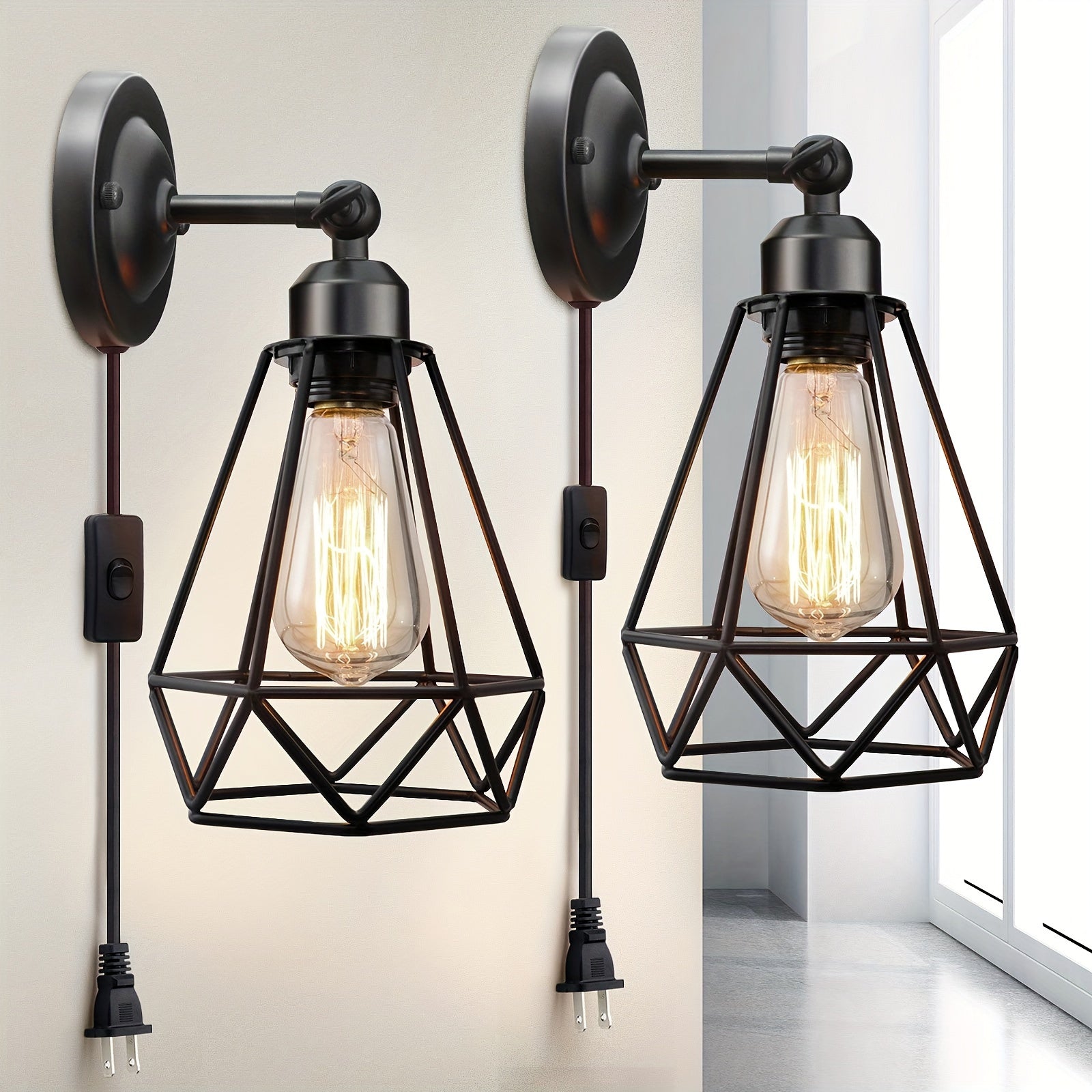 2 piezas de apliques de pared rústicos industriales con diseño de bombilla Edison, lámparas de jaula de alambre metálico de 60W, energéticamente eficientes con interruptor de encendido/apagado, ideales para decoración de dormitorio y porche