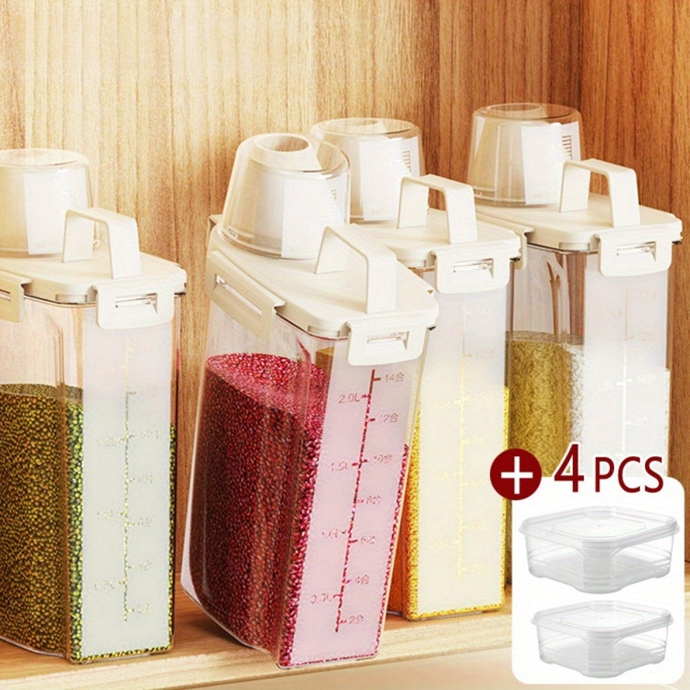 5 piezas de recipientes herméticos para alimentos de polipropileno, diseño cuadrado, ideales para arroz, cereales, nueces y harina, incluye 4 tazas medidoras con tapas, esenciales de cocina, seguridad alimentaria, almacenamiento de arroz