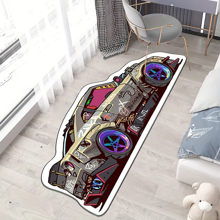 Alfombra moderna de autos deportivos con diseño graffiti, 1 unidad, respaldo de goma, gruesa, suave, antideslizante, lavable a máquina, poliéster resistente, para sala, dormitorio o entrada, decoración de interiores, diseño vibrante, tamaño grande