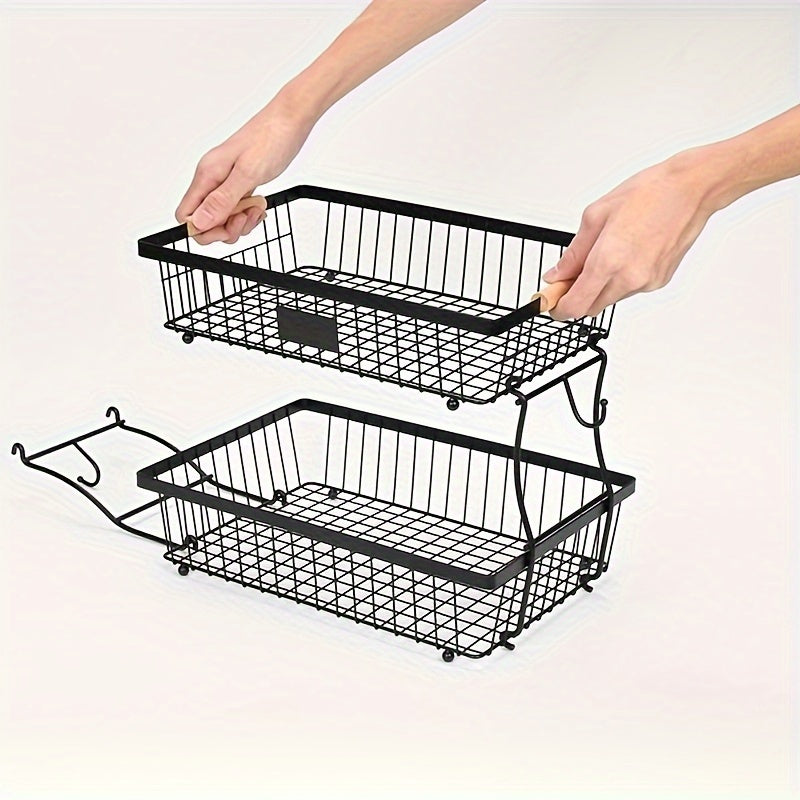 Cesta de frutas de 2 niveles con ganchos para plátanos - Estante de almacenamiento de alambre negro duradero para encimera de cocina, perfecto para frutas, verduras, snacks, café, cuidado de la piel y toallas, solución de almacenamiento de cocina | Acces