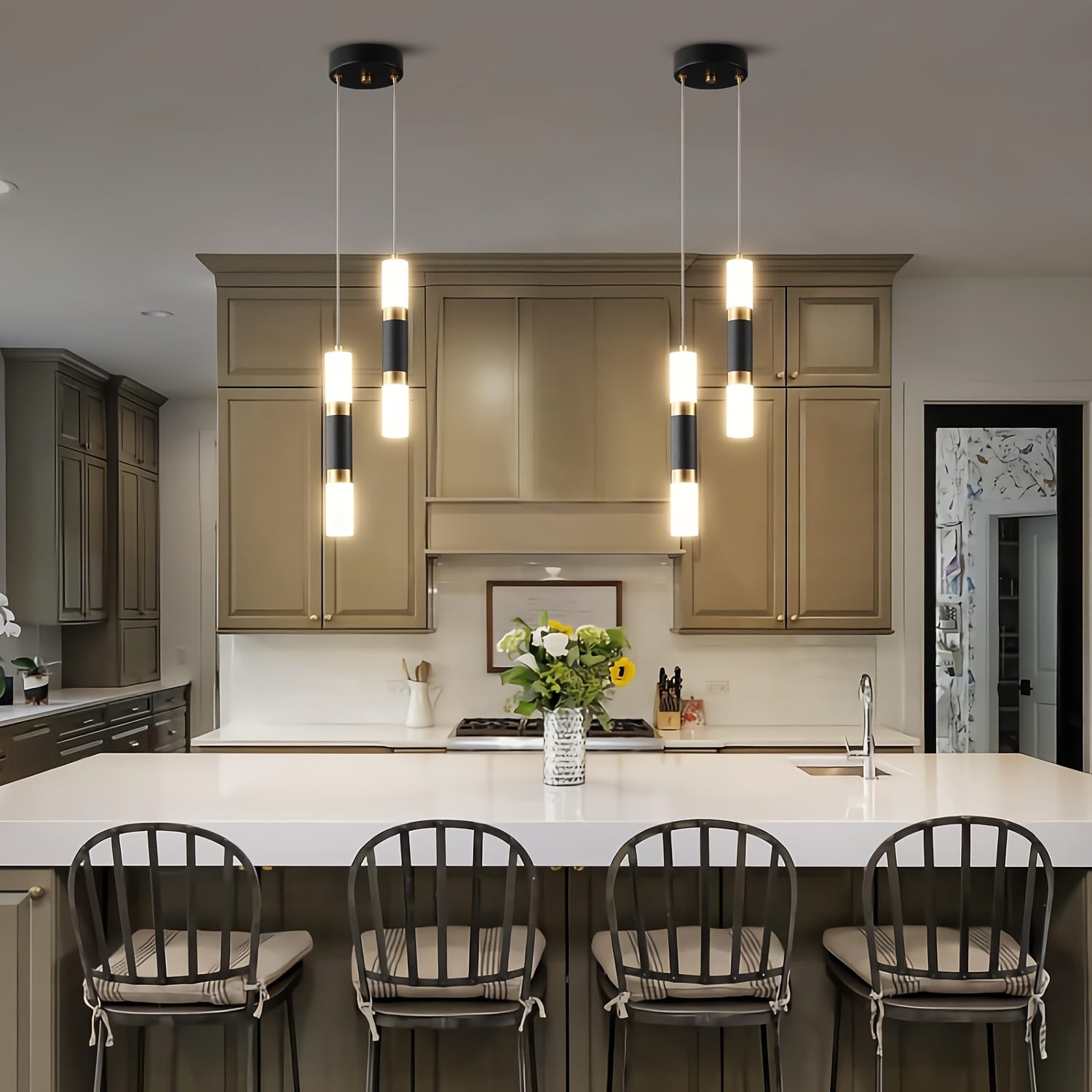 Luces Colgantes LED Elegantes de 2 y 3 Luces Regulables, Diseño Moderno en Negro y Dorado, Pantalla de Acrílico - Ideales para Isla de Cocina, Mesita de Noche de Dormitorio, Instalación Semi-Encastrada, Luces LED para Dormitorio