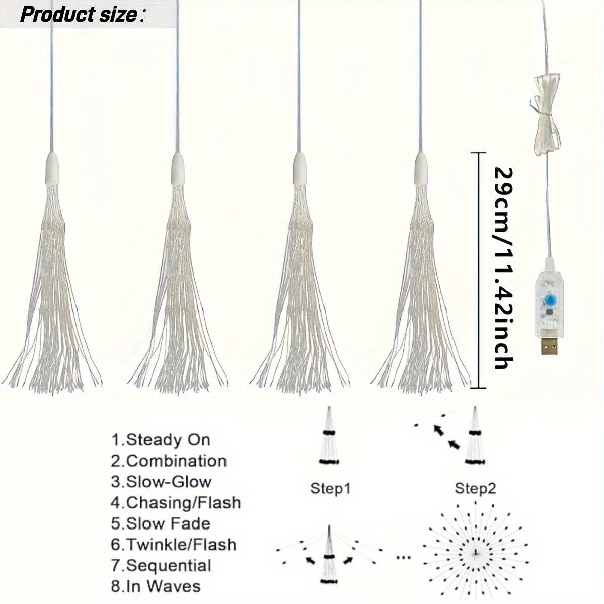 Luces LED de Fuegos Artificiales, 4 pzas Luces LED de Fuegos Artificiales Alimentadas por USB con Acabado Cepillado, 8 Modos de Iluminación, Montables en Pared, Luces de Hadas Colgantes de Plástico para Iluminación Decorativa Interior/Exterior