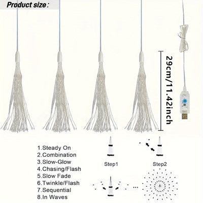 Luces LED de Fuegos Artificiales, 4 pzas Luces LED de Fuegos Artificiales Alimentadas por USB con Acabado Cepillado, 8 Modos de Iluminación, Montables en Pared, Luces de Hadas Colgantes de Plástico para Iluminación Decorativa Interior/Exterior