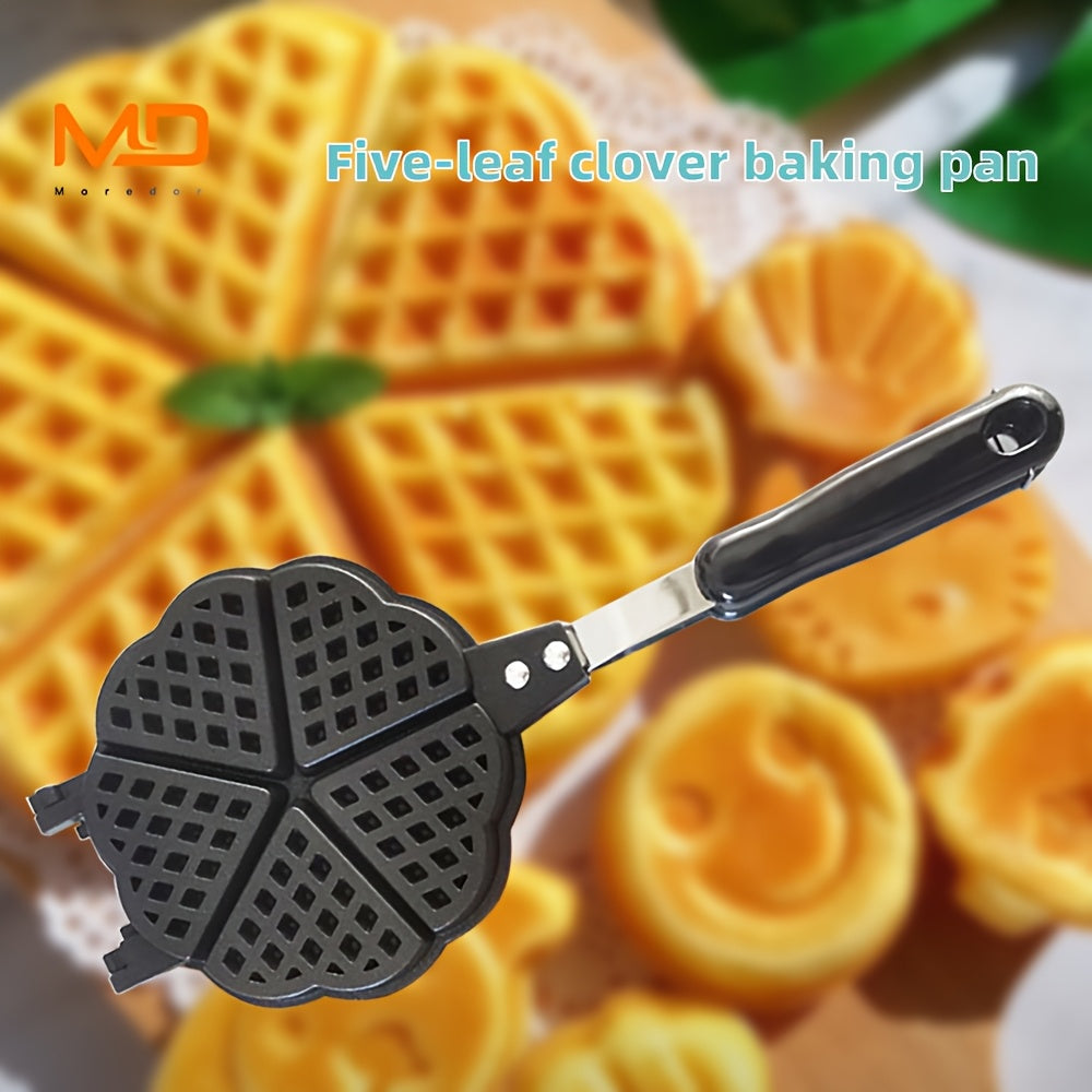 MOREDOR 1 Pieza Sartén de Gofres Doble Cara en Forma de Corazón de 6 Pulgadas - Antiadherente, Hierro Removible con Calentamiento Uniforme y Mango Largo para Waffles Belga, Panqueques y Sandwiches - Compatible con Estufas de Gas, Utensilio de Cocina Dura