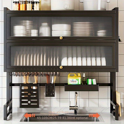 Organizador multifuncional para fregadero de cocina - Estructura de acero al carbono/metal con altura ajustable (21.21 cm-30.0 cm), ahorrador de espacio con ganchos, canastas y soporte para tabla de cortar, ideal para mesón, gabinete, utensilios y platos