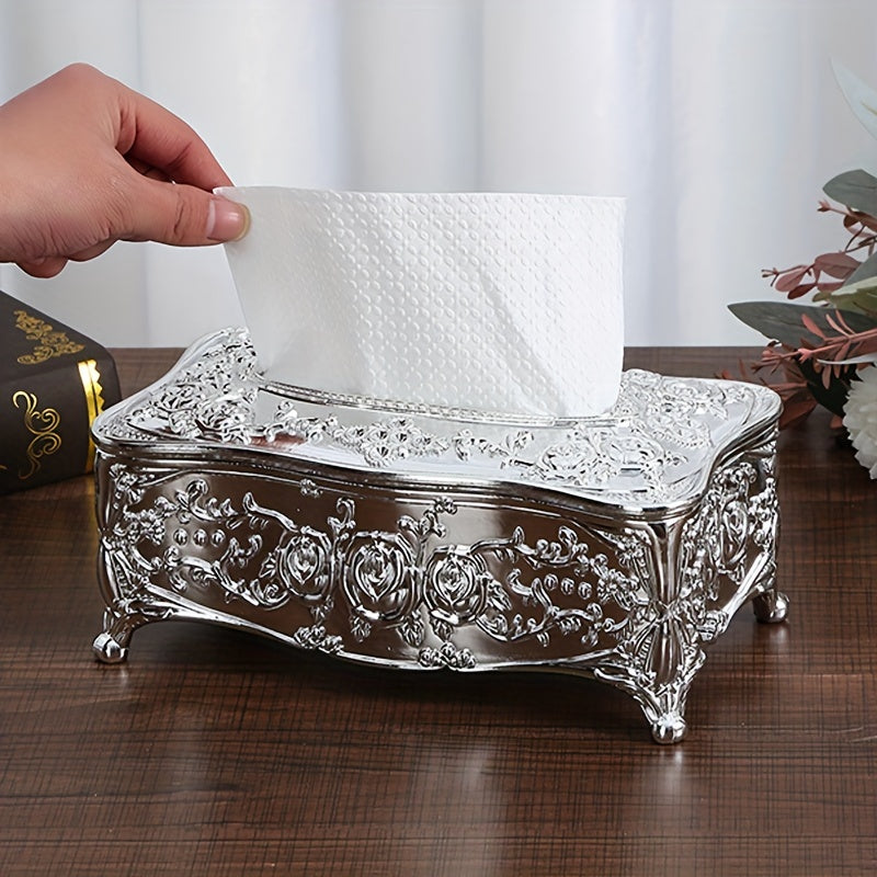 Elegante Soporte para Caja de Pañuelos de Estilo Europeo Plateado - Plástico Pulido, Accesorio Cuadrado para Baño para Hogar, Restaurante, KTV y Hotel