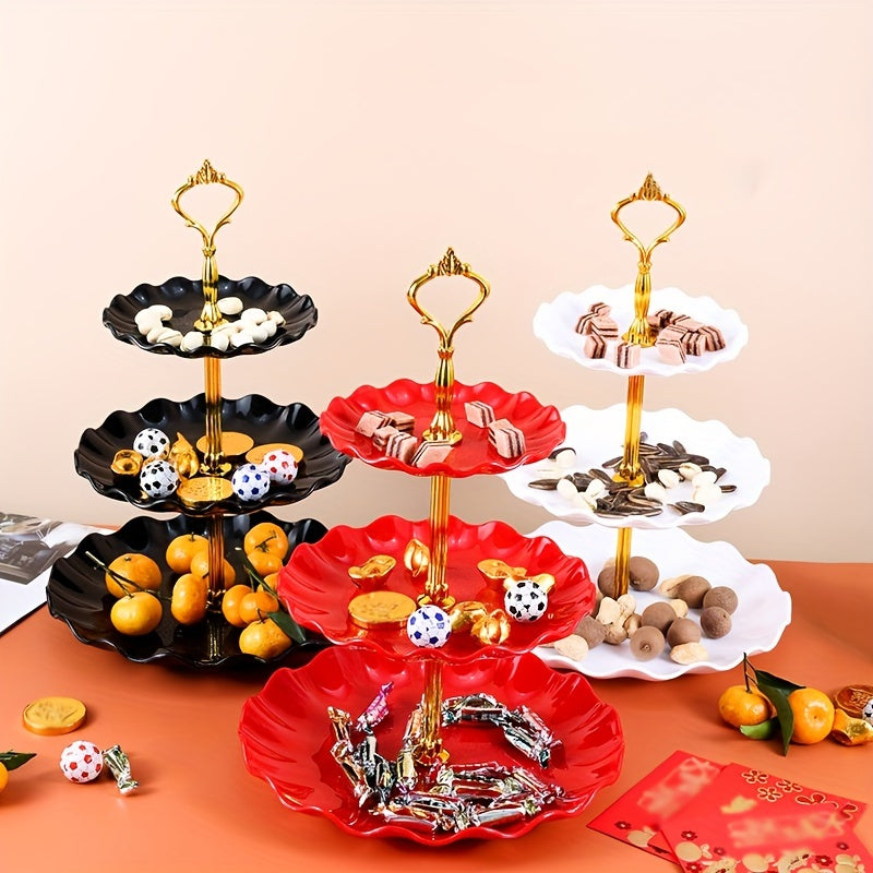 Bandeja de plástico de 3 niveles para dulces, frutas secas o frutas, estilo festivo, ideal para fiestas, bodas, restaurantes y buffets, 1 unidad