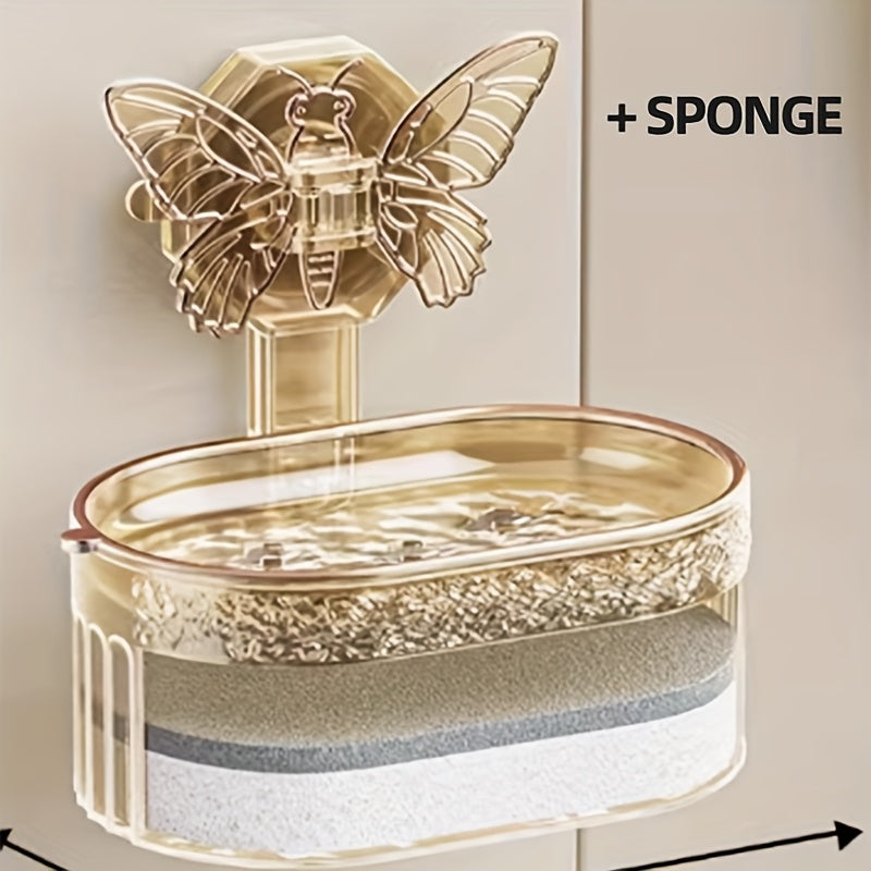 Conjunto de 2 hermosas mariposas jaboneras, caja de drenaje de doble capa con esponja, sin perforaciones ni marcas para montaje en pared, adecuado para baño y cocina, regalo de San Valentín, estantes