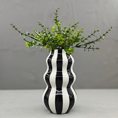 Jarrón de cerámica rústica con rayas, diseño asimétrico en forma de calabaza abstracta, en blanco y negro, decoración para sala, estante o estilo granja, regalo para el Día de la Madre