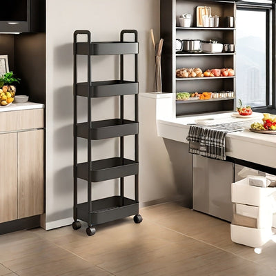 Carrito de Almacenamiento Rodante 3/4/5 Niveles - Organizador Multiusos de Plástico Resistente con Ruedas, Alta Capacidad y Diseño Estable para Dormitorio, Cocina, Camping, Armario, Despensa, Lavandería - Estante Versátil, Bandejas Amplias, Mango Telescó