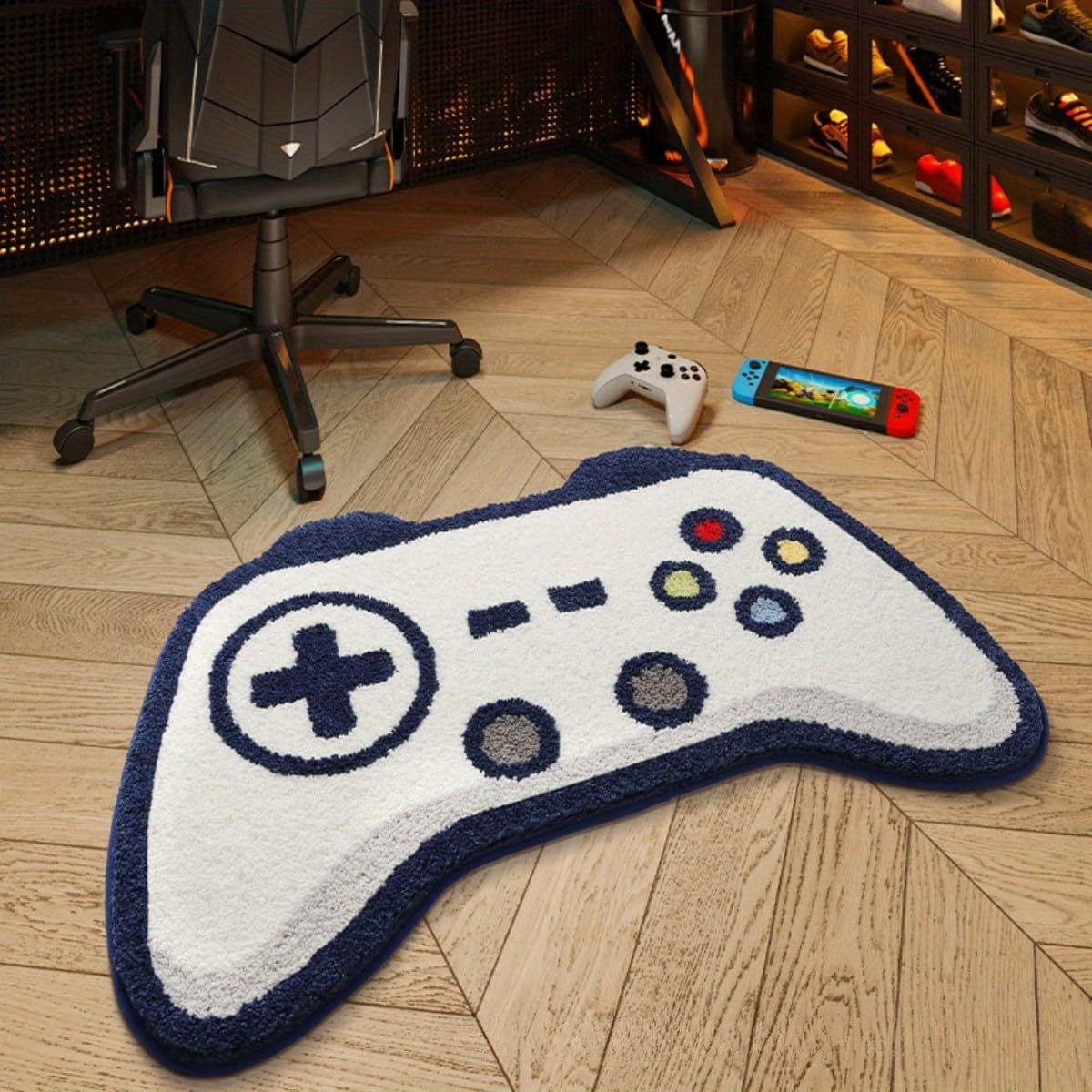 Alfombra de felpa con forma de control de videojuegos, imitación a cachemira de poliéster, antideslizante, lavable a mano, ideal para decoración de dormitorio y sala de estar, alfombra de piso para área de juegos, decoración para habitación de juegos