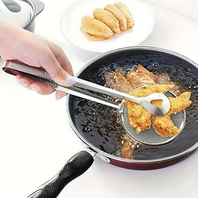 Cuchara de colador de cocina de acero inoxidable SHAON con pinzas - Resistente al calor, duradera para freír y saltear, diseño ergonómico para una preparación de alimentos eficiente, accesorios para sartenes, acabado metálico elegante, vajilla de cocina
