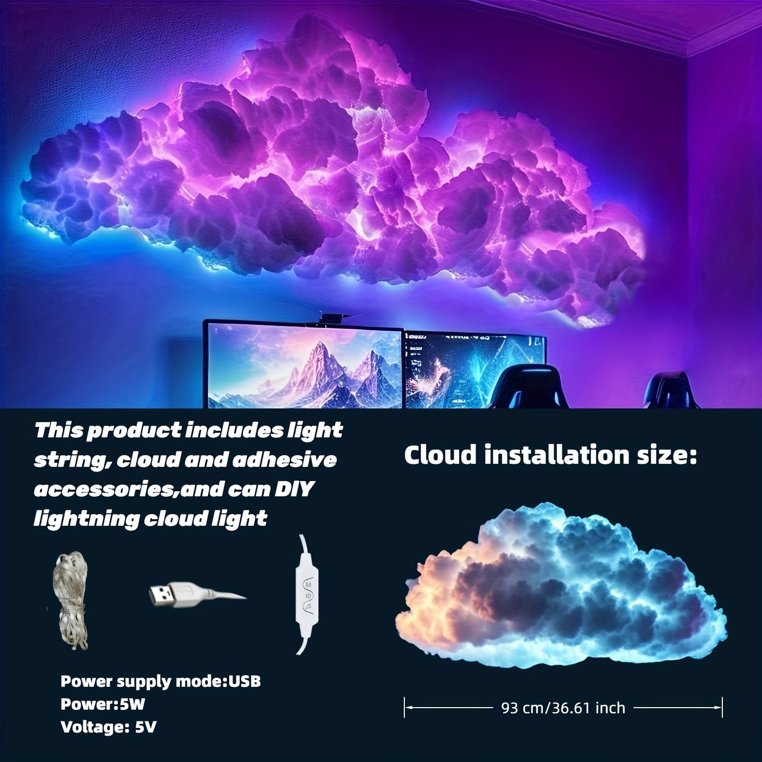 Luz LED 3D en forma de nube de 92.96 cm con ritmo musical, luces de cadena multicolor con control por botón, alimentación por USB, decoración para habitación de juegos y dormitorio, iluminación cercana, producto navideño, decoración vibrante para habitac