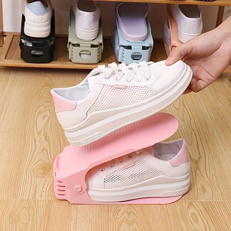 10 piezas de estantería de zapatos ajustable de plástico - Organizador que ahorra espacio para entrada, pasillo, sala de estar - Fácil montaje, resistente a la decoloración, blanco con acordes azules, solución de almacenamiento de zapatos | Moderna estan